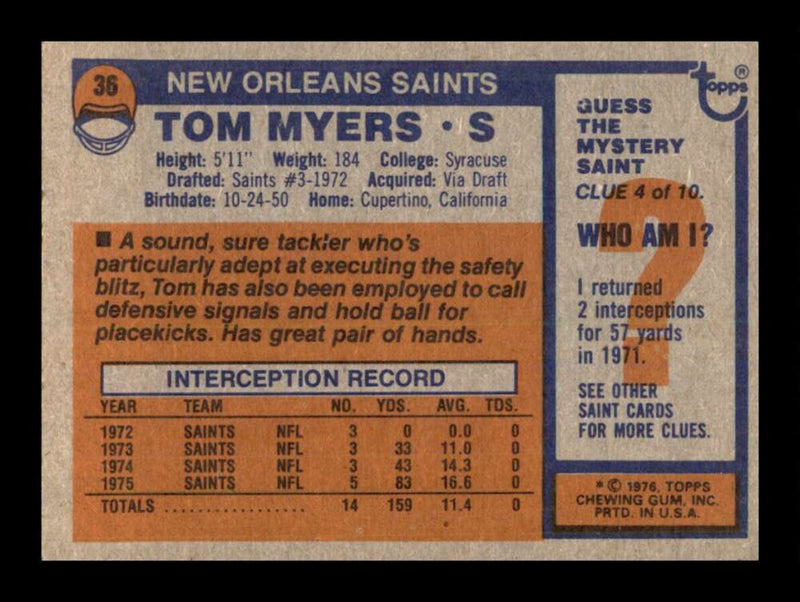 Load image into Gallery viewer, 1976 Topps Tom Myers #36 Set break New Orleans Saints Image 2
