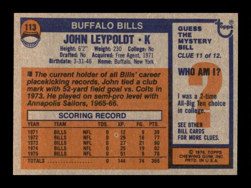 Load image into Gallery viewer, 1976 Topps John Leypoldt #113 Set break Buffalo Bills Image 2
