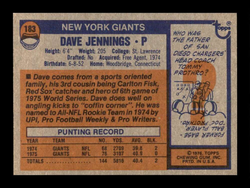 Load image into Gallery viewer, 1976 Topps Dave Jennings #183 Rookie RC Set Break New York Giants Image 2
