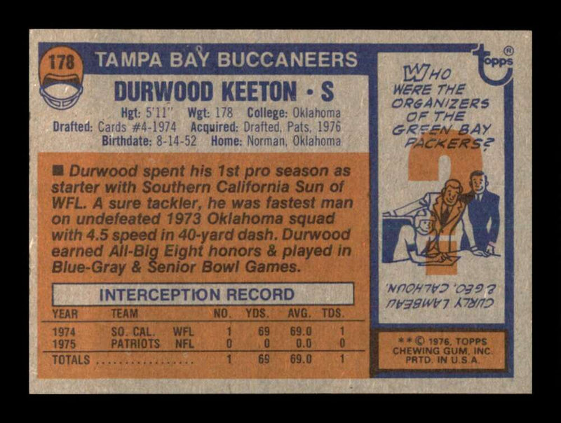 Load image into Gallery viewer, 1976 Topps Durwood Keeton #178 Rookie RC Set Break Tampa Bay Buccaneers Image 2
