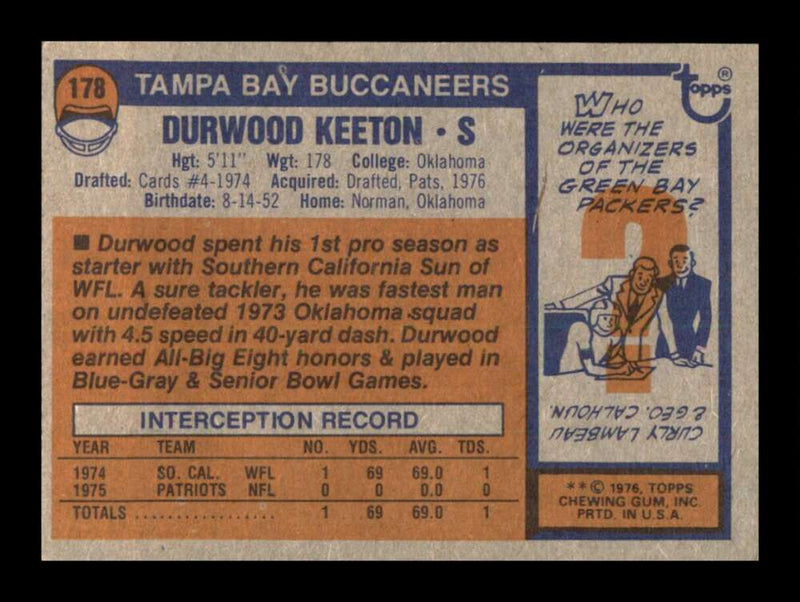 Load image into Gallery viewer, 1976 Topps Durwood Keeton #178 Rookie RC Set Break Tampa Bay Buccaneers Image 2
