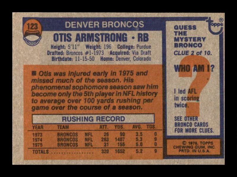 Load image into Gallery viewer, 1976 Topps Otis Armstrong #123 Set Break Denver Broncos Image 2
