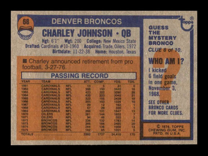 Load image into Gallery viewer, 1976 Topps Charley Johnson #68 Set Break Denver Broncos Image 2
