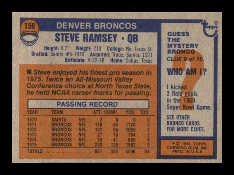 Load image into Gallery viewer, 1976 Topps Steve Ramsey #156 Set Break Denver Broncos Image 2
