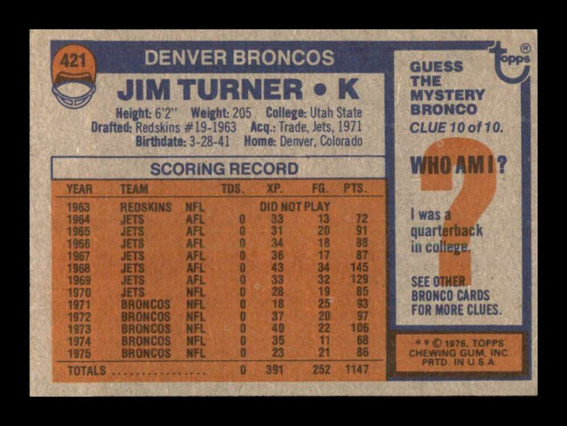 Load image into Gallery viewer, 1976 Topps Jim Turner #421 Set Break Denver Broncos Image 2
