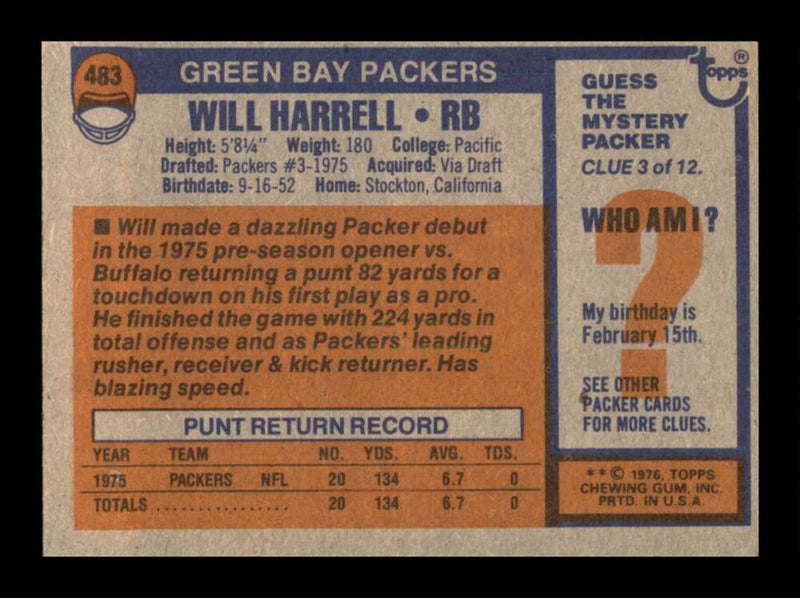 Load image into Gallery viewer, 1976 Topps Will Harrell #483 Set Break Green Bay Packers Image 2
