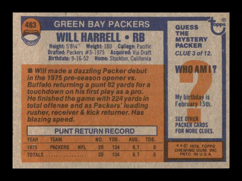 Load image into Gallery viewer, 1976 Topps Will Harrell #483 Set Break Green Bay Packers Image 2
