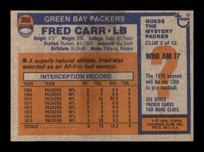 Load image into Gallery viewer, 1976 Topps Fred Carr #360 Set Break Green Bay Packers Image 2
