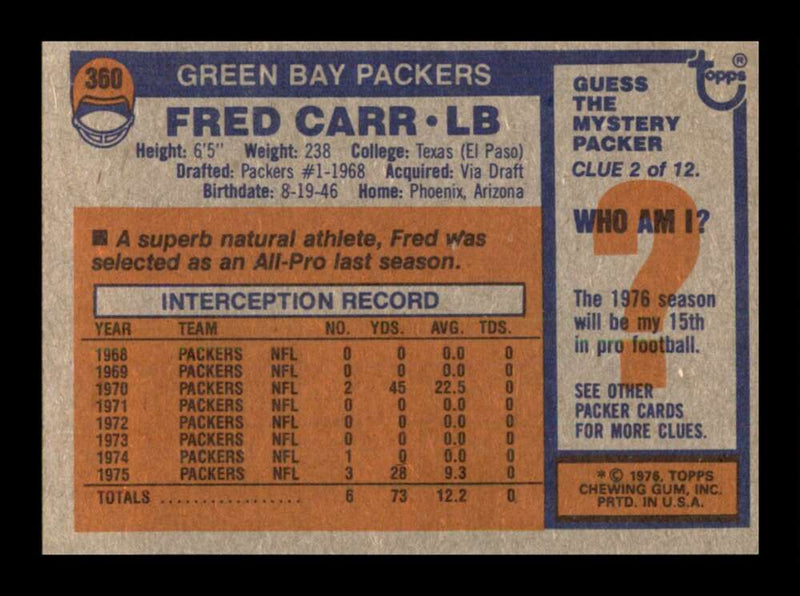 Load image into Gallery viewer, 1976 Topps Fred Carr #360 Set Break Green Bay Packers Image 2
