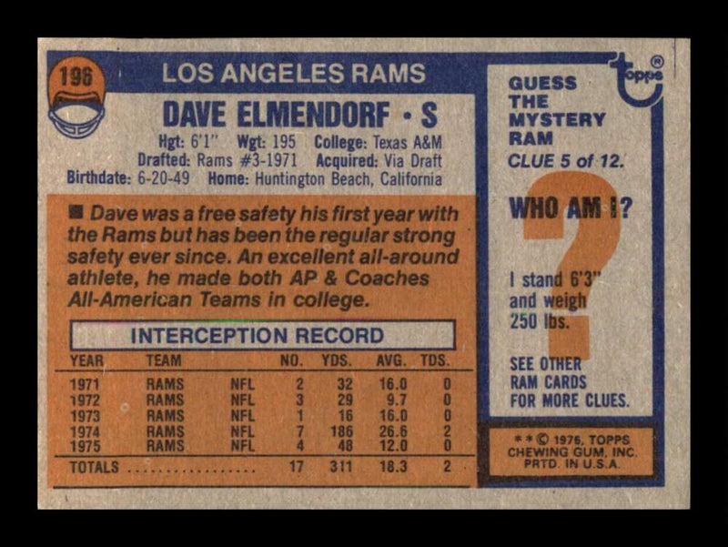 Load image into Gallery viewer, 1976 Topps Dave Elmendorf #196 Set Break Los Angeles Rams Image 2
