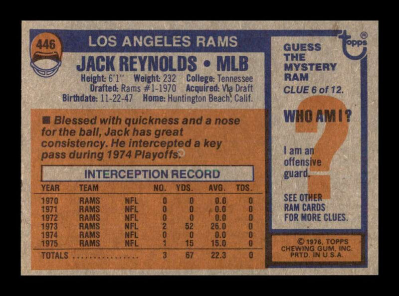 Load image into Gallery viewer, 1976 Topps Jack Reynolds #446 Set Break Los Angeles Rams Image 2
