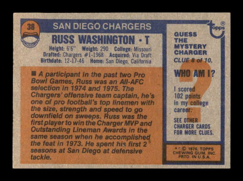 Load image into Gallery viewer, 1976 Topps Russ Washington #38 Set Break San Diego Chargers Image 2
