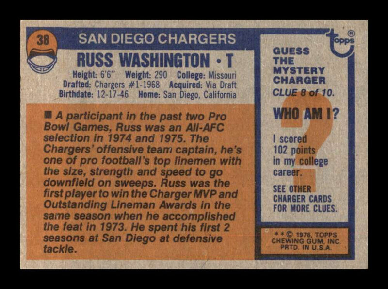 Load image into Gallery viewer, 1976 Topps Russ Washington #38 Set Break San Diego Chargers Image 2
