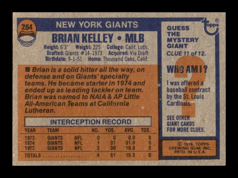 Load image into Gallery viewer, 1976 Topps Brian Kelley #264 Rookie RC Set Break New York Giants Image 2
