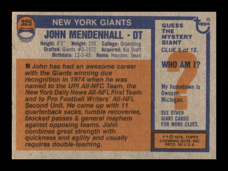 Load image into Gallery viewer, 1976 Topps John Mendenhall #325 Set Break New York Giants Image 2
