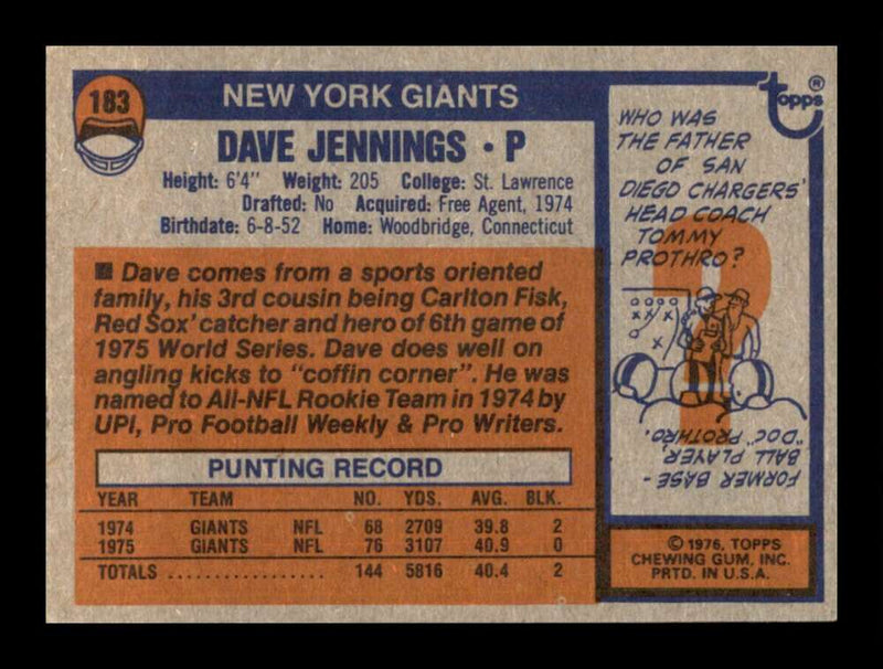 Load image into Gallery viewer, 1976 Topps Dave Jennings #183 Rookie RC Set Break New York Giants Image 2
