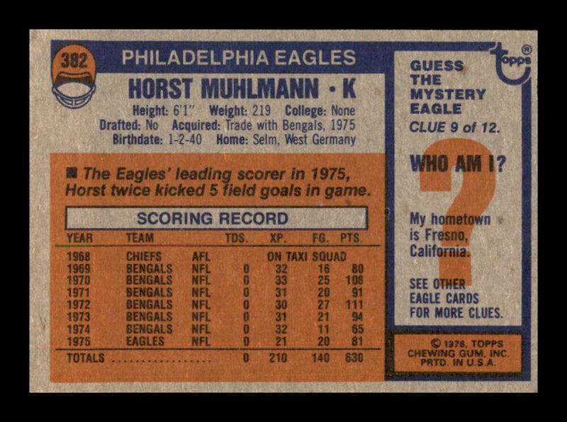 Load image into Gallery viewer, 1976 Topps Horst Muhlmann #382 Set Break Philadelphia Eagles Image 2
