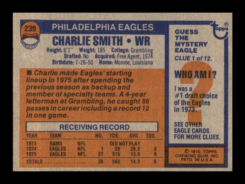 Load image into Gallery viewer, 1976 Topps Charlie Smith #239 Rookie RC Set Break Philadelphia Eagles Image 2
