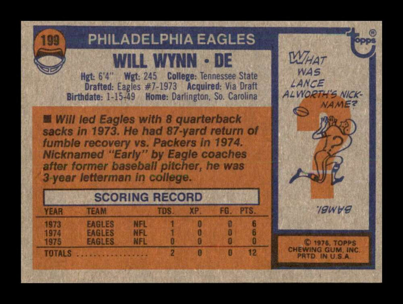 Load image into Gallery viewer, 1976 Topps Will Wynn #199 Rookie RC Set Break Philadelphia Eagles Image 2
