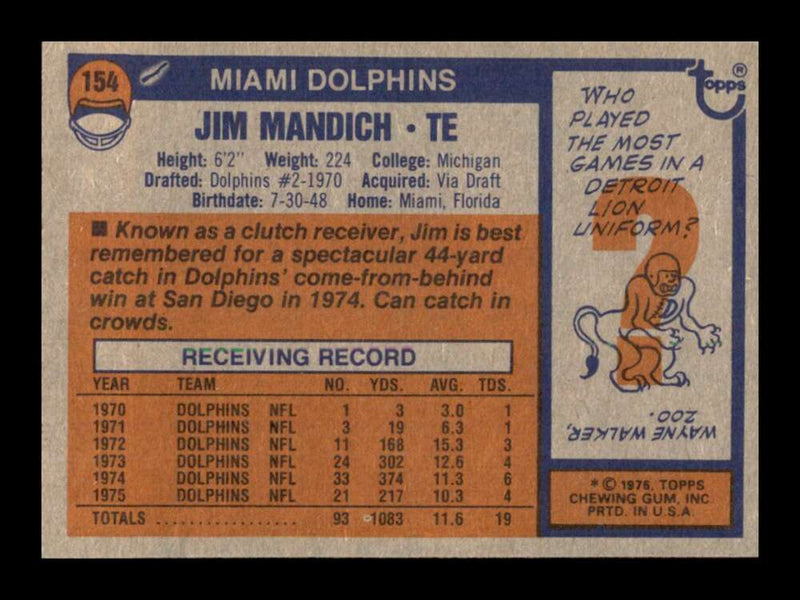 Load image into Gallery viewer, 1976 Topps Jim Mandich #154 Set Break Miami Dolphins Image 2
