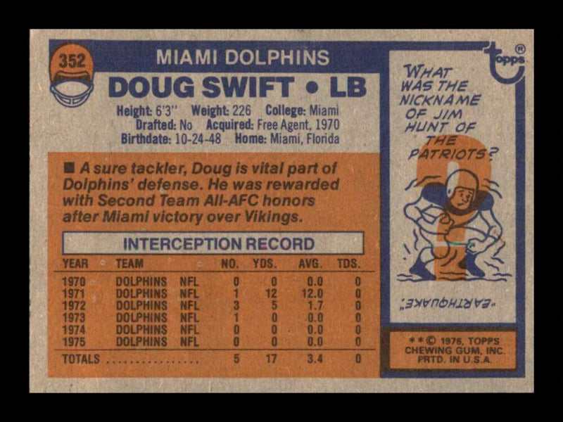 Load image into Gallery viewer, 1976 Topps Doug Swift #352 Set Break Miami Dolphins Image 2
