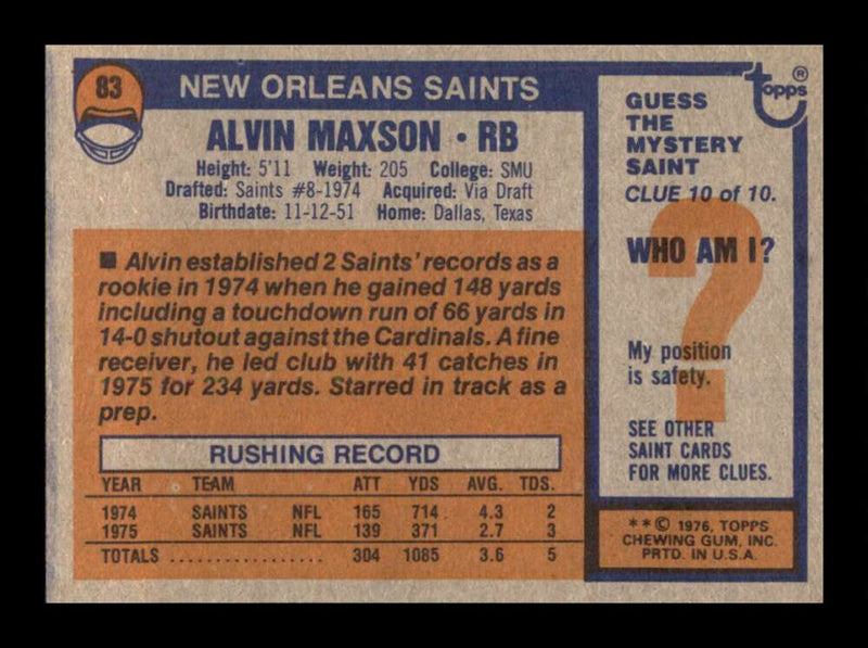 Load image into Gallery viewer, 1976 Topps Alvin Maxson #83 Set Break New Orleans Saints Image 2
