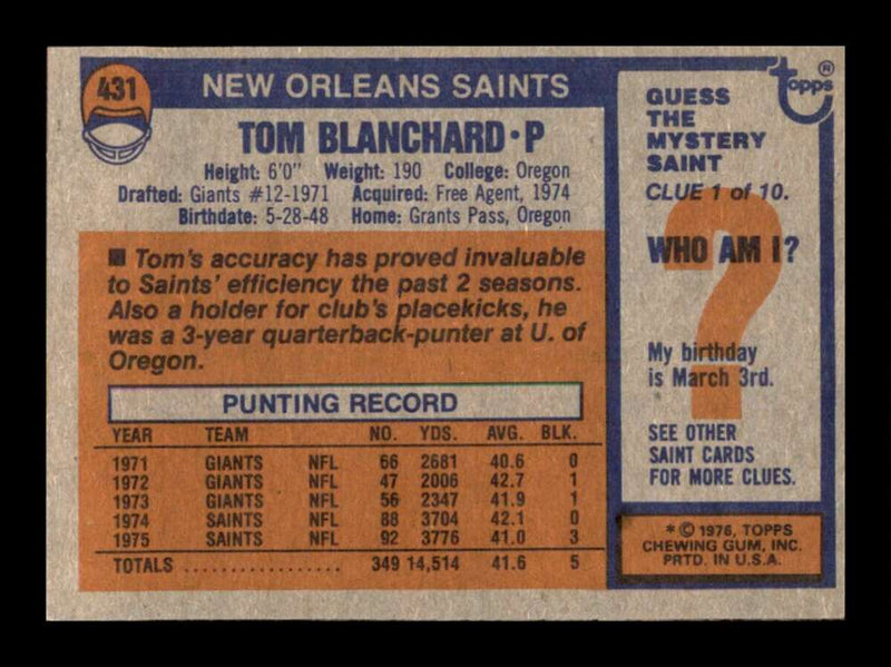 Load image into Gallery viewer, 1976 Topps Tom Blanchard #431 Set Break New Orleans Saints Image 2
