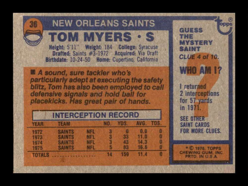 Load image into Gallery viewer, 1976 Topps Tom Myers #36 Set Break New Orleans Saints Image 2
