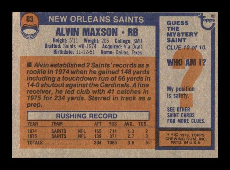 Load image into Gallery viewer, 1976 Topps Alvin Maxson #83 Set Break New Orleans Saints Image 2
