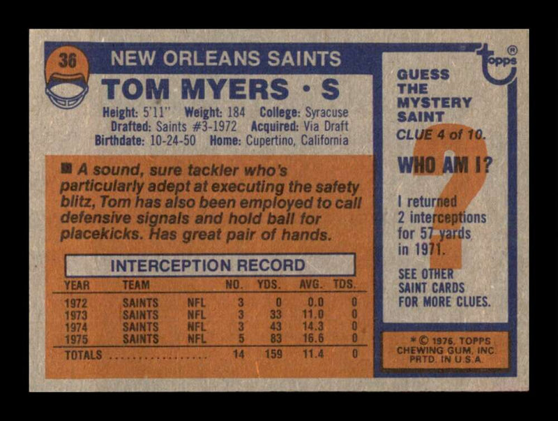 Load image into Gallery viewer, 1976 Topps Tom Myers #36 Set Break New Orleans Saints Image 2
