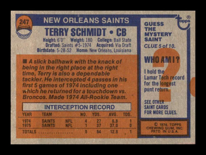 Load image into Gallery viewer, 1976 Topps Terry Schmidt #247 Rookie RC Set Break New Orleans Saints Image 2
