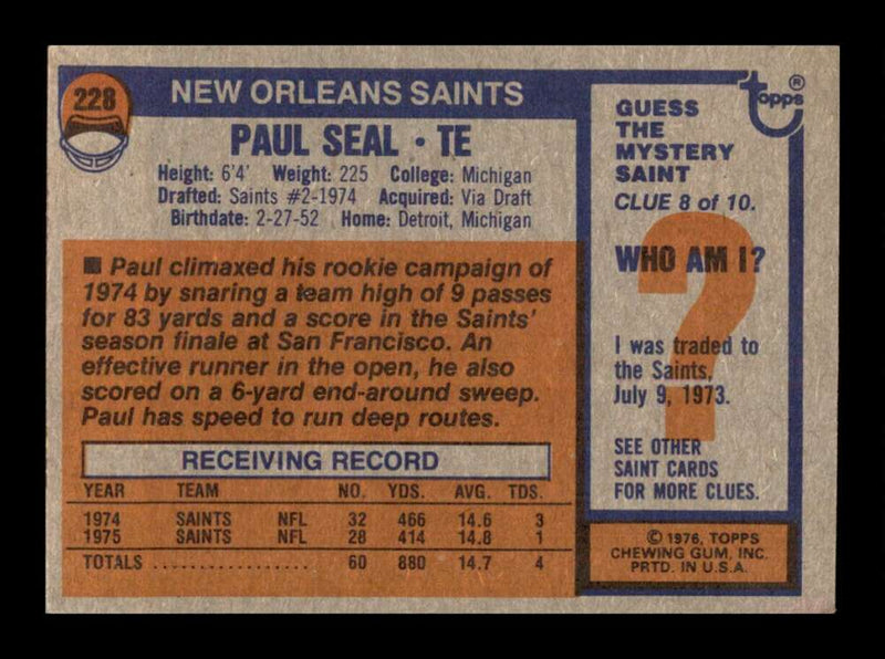 Load image into Gallery viewer, 1976 Topps Paul Seal #228 Rookie RC Set Break New Orleans Saints Image 2
