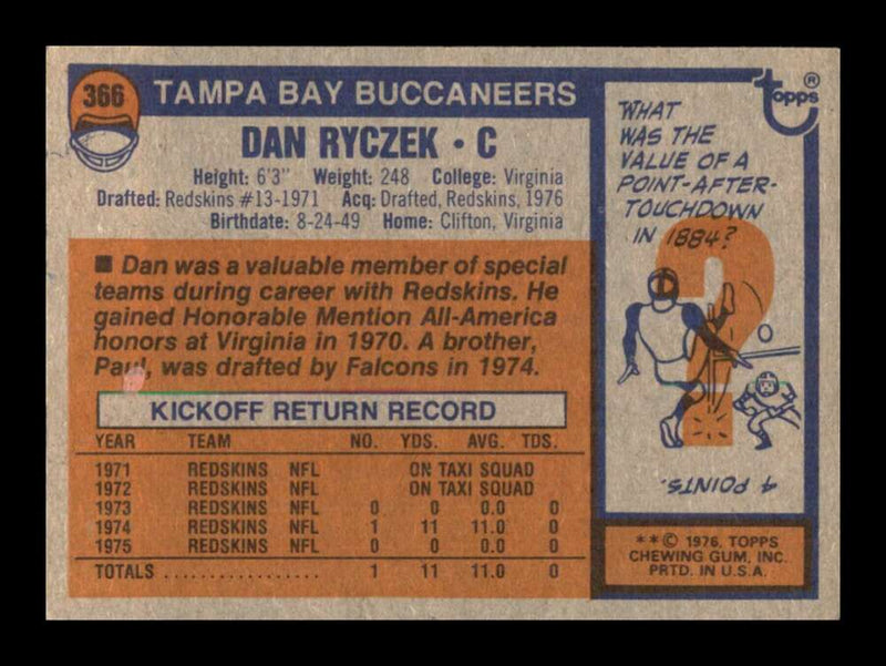 Load image into Gallery viewer, 1976 Topps Dan Ryczek #366 Rookie RC Set Break Tampa Bay Buccaneers Image 2
