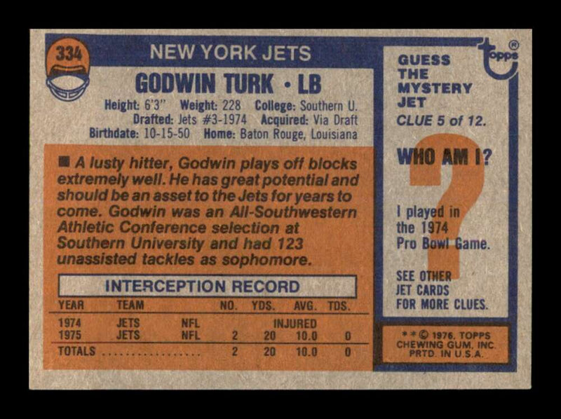 Load image into Gallery viewer, 1976 Topps Godwin Turk #334 Rookie RC Set Break New York Jets Image 2
