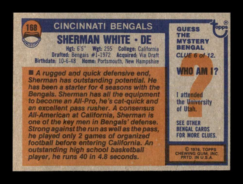 Load image into Gallery viewer, 1976 Topps Sherman White #168 Set Break Cincinnati Bengals Image 2
