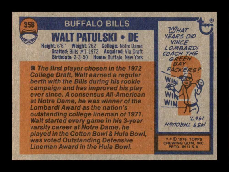 Load image into Gallery viewer, 1976 Topps Walt Patulski #358 Set Break Buffalo Bills Image 2
