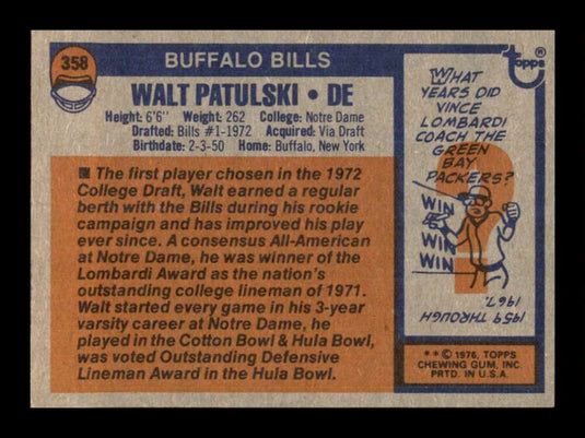 1976 Topps Walt Patulski 