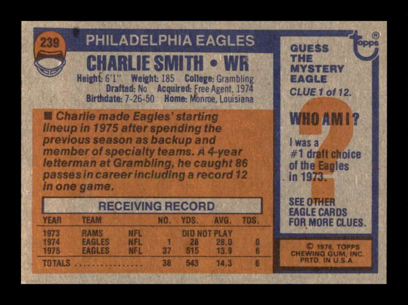 Load image into Gallery viewer, 1976 Topps Charlie Smith #239 Rookie RC Set Break Philadelphia Eagles Image 2
