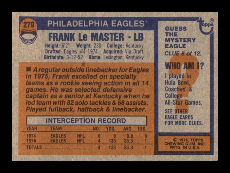 Load image into Gallery viewer, 1976 Topps Frank LeMaster #279 Rookie RC Set Break Philadelphia Eagles Image 2
