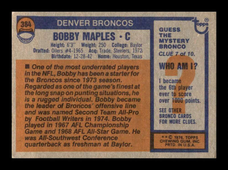 Load image into Gallery viewer, 1976 Topps Bobby Maples #384 Set Break Denver Broncos Image 2
