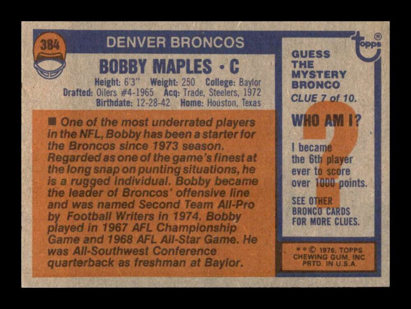 Load image into Gallery viewer, 1976 Topps Bobby Maples #384 Set Break Denver Broncos Image 2
