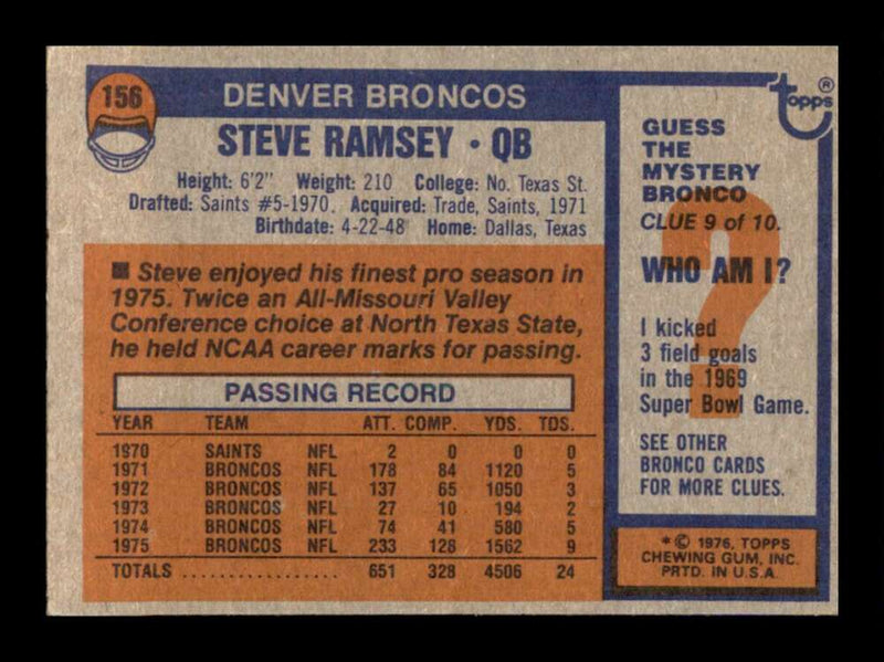 Load image into Gallery viewer, 1976 Topps Steve Ramsey #156 Set Break Denver Broncos Image 2
