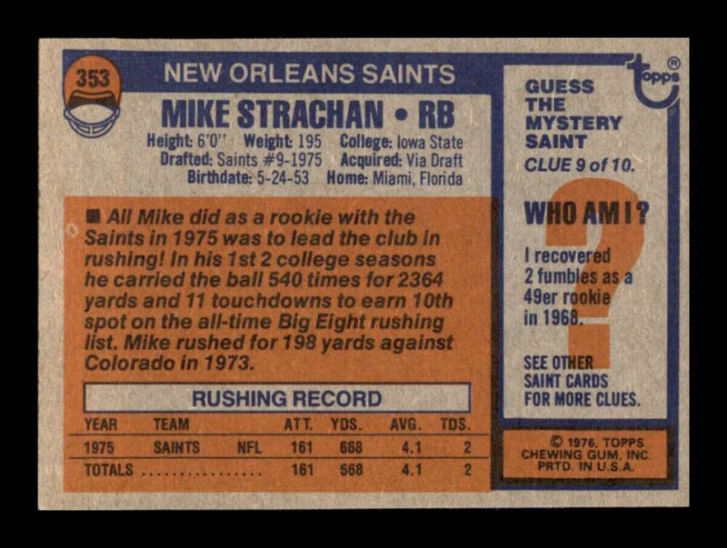 Load image into Gallery viewer, 1976 Topps Mike Strachan #353 Rookie RC Set Break New Orleans Saints Image 2
