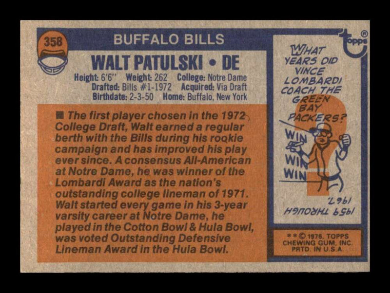 Load image into Gallery viewer, 1976 Topps Walt Patulski #358 Set Break Buffalo Bills Image 2
