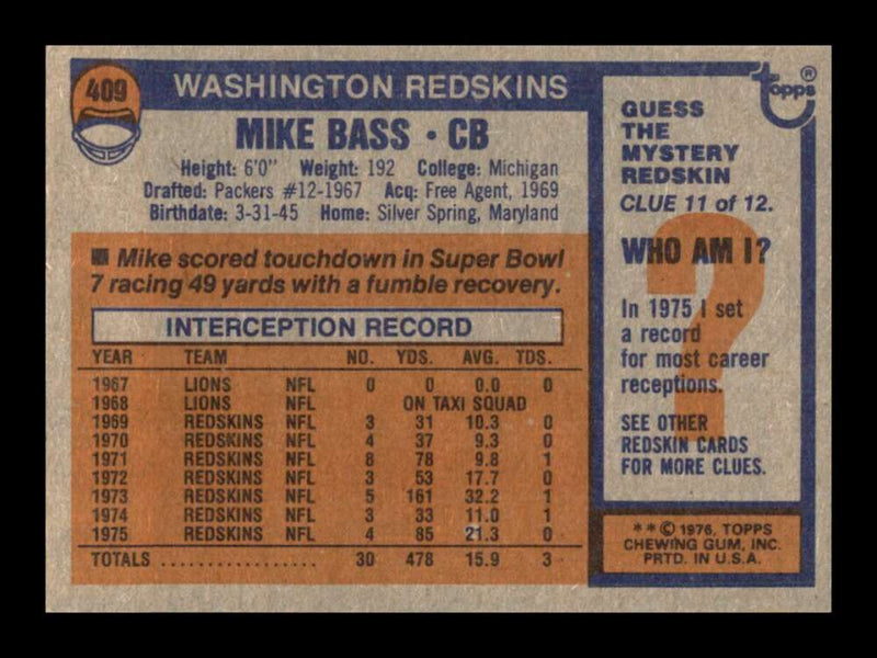 Load image into Gallery viewer, 1976 Topps Mike Bass #409 Set Break Washington Redskins Image 2
