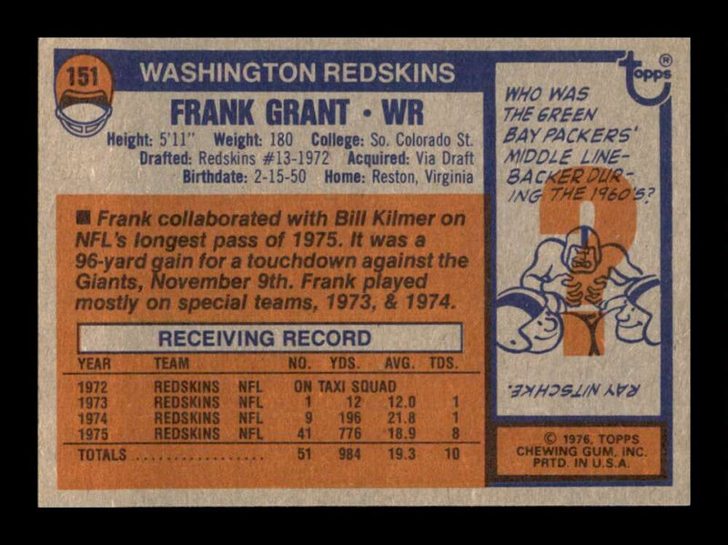 Load image into Gallery viewer, 1976 Topps Frank Grant #151 Rookie RC Set Break Washington Redskins Image 2
