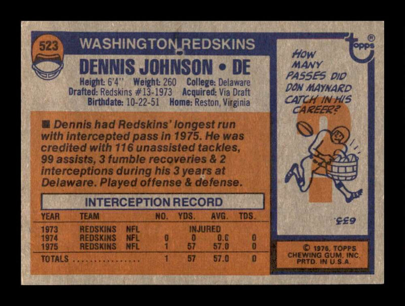 Load image into Gallery viewer, 1976 Topps Dennis Johnson #523 Rookie RC Set Break Washington Redskins Image 2
