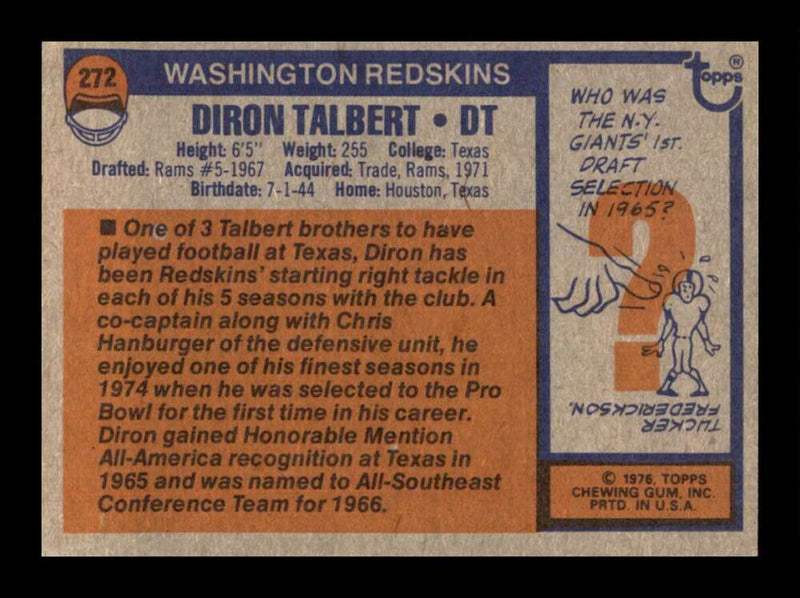 Load image into Gallery viewer, 1976 Topps Diron Talbert #272 Set Break Washington Redskins Image 2
