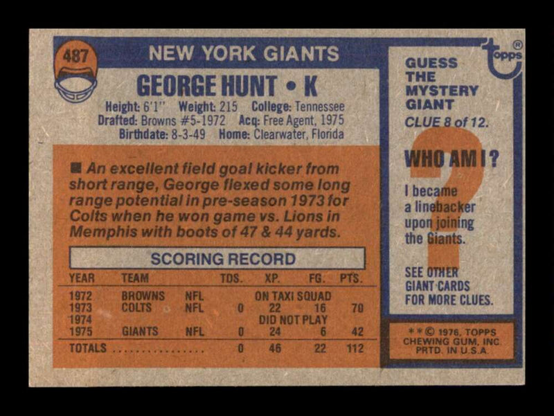 Load image into Gallery viewer, 1976 Topps George Hunt #487 Set Break New York Giants Image 2
