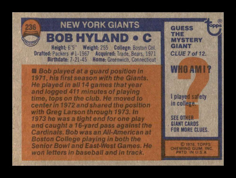 Load image into Gallery viewer, 1976 Topps Bob Hyland #236 Set Break New York Giants Image 2
